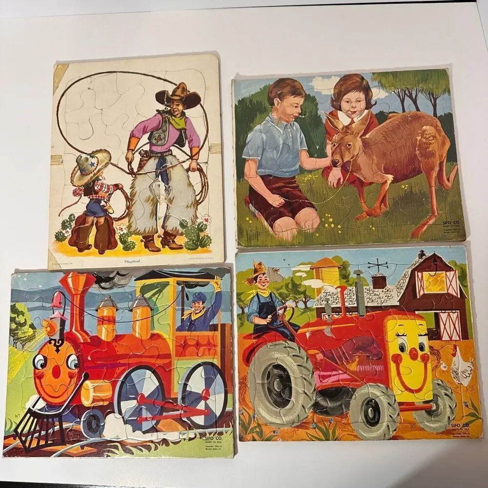 Vintage Wooden Picture Tray Puzzles Sifo Co Lot of 4 1954